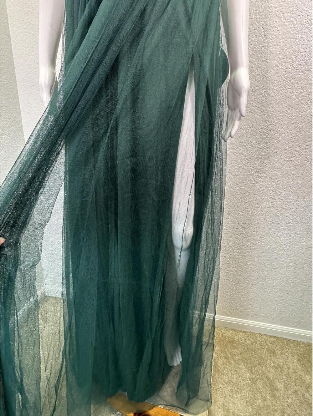 Sz S Lulu’s New Dark Green Tulle Overlay Double Front Slit Backless Maxi Dress - Picture 5 of 8